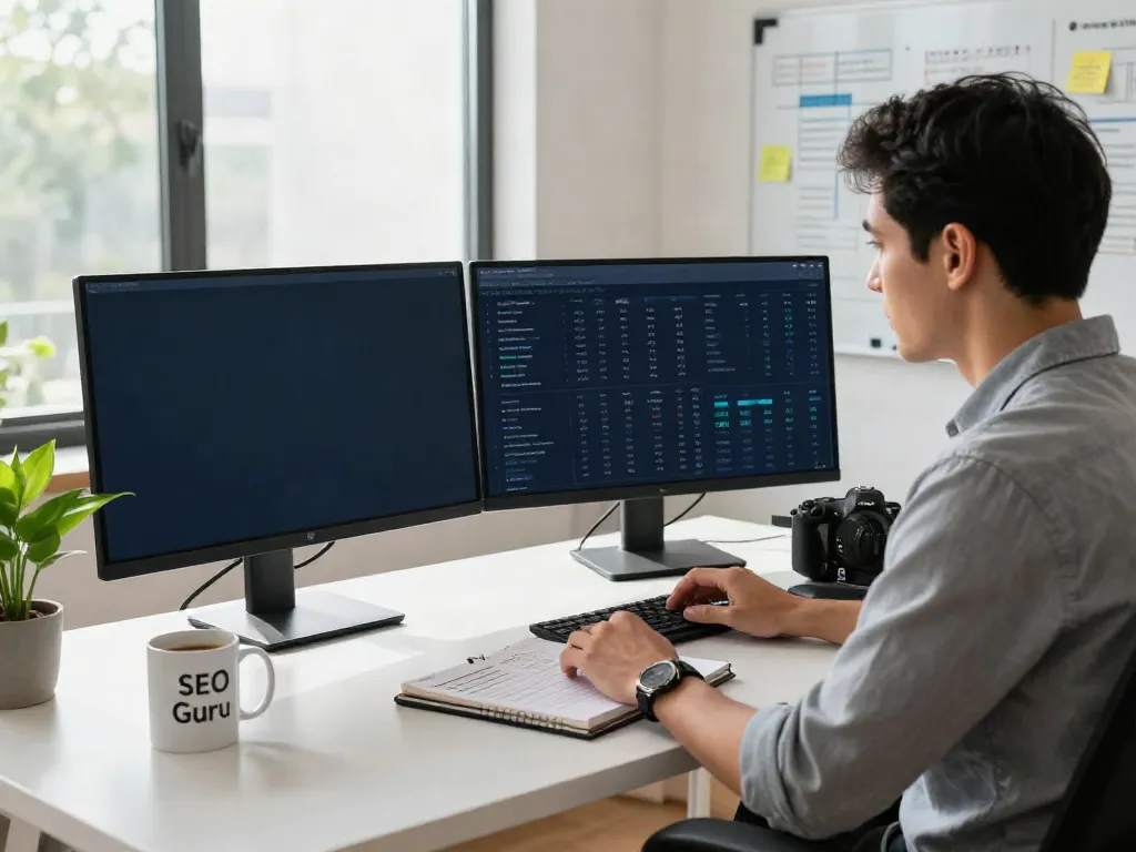 SEO specialist analyzing instant indexing performance in a bright home office.